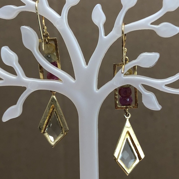 SATYA Sterling Silver Vermeil Gold Tone Agate Dangle Drop Hook Pierced Earrings - Picture 5 of 11